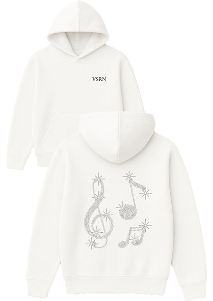 Müzik Nota Pırlanta Tasarım Baskılı Oversize Beyaz Kapüşonlu Sweatshirt