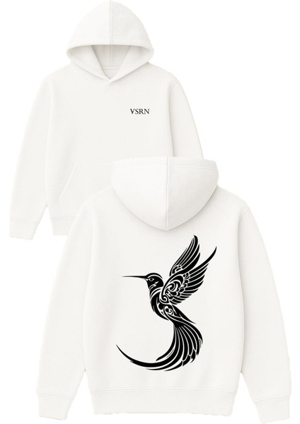 Cennet Kuşu Tasarım Baskılı Oversize Beyaz Kapüşonlu Sweatshirt