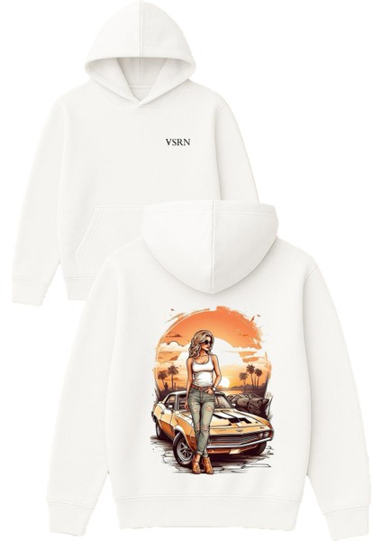 Kadın ve Araba Klasık Tasarım Baskılı Oversize Beyaz Kapüşonlu Sweatshirt