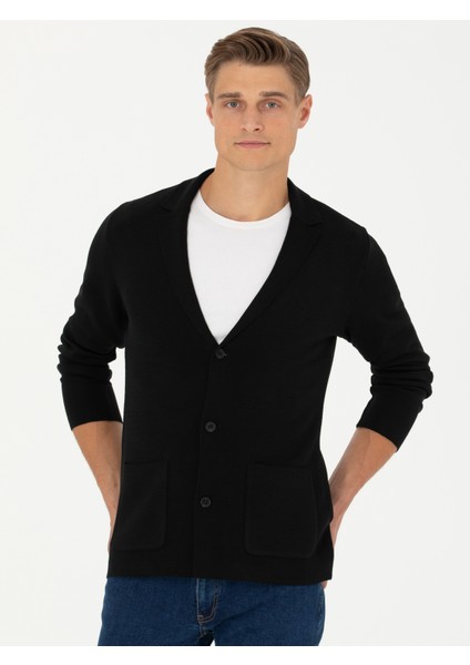 Erkek Siyah Slim Fit Yün Karışımlı Düğmeli Triko Hırka 50277418-VR046
