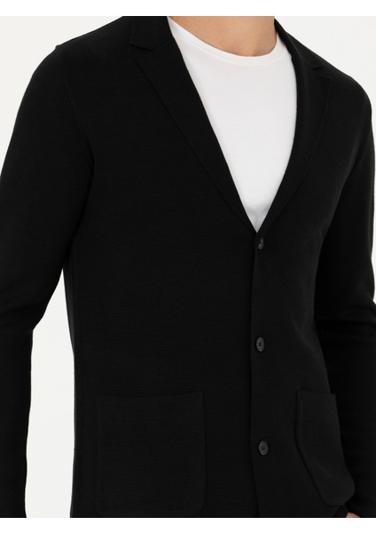 Erkek Siyah Slim Fit Yün Karışımlı Düğmeli Triko Hırka 50277418-VR046