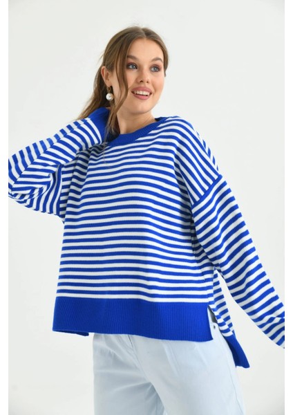 Kadın Kazak Çizgili Yuvarlak Yaka Kazak Saks - 224520