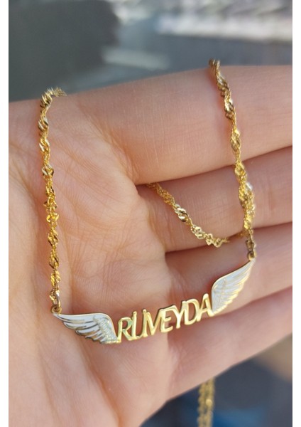 925 Ayar Gümüş 24 Ayar Altın Kaplama Isimli Kanatlı Kolye