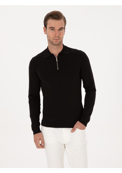 Erkek Siyah Regular Fit Pamuk Karışımlı Fermuarlı Polo Yaka Basic Triko Kazak 50318721-VR046