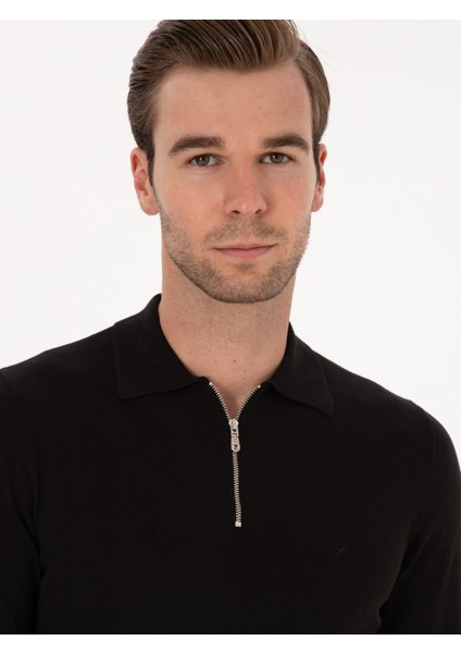 Erkek Siyah Regular Fit Pamuk Karışımlı Fermuarlı Polo Yaka Basic Triko Kazak 50318721-VR046 fiyatları