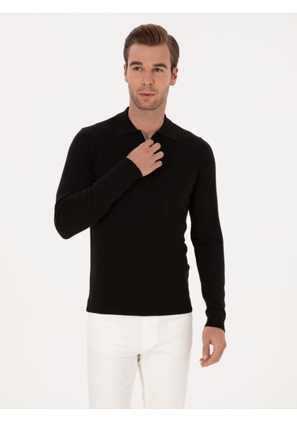Erkek Siyah Regular Fit Pamuk Karışımlı Fermuarlı Polo Yaka Basic Triko Kazak 50318721-VR046 modelleri