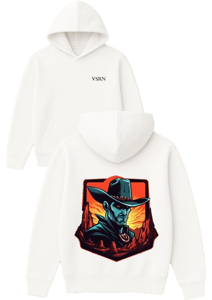 Kırmızı Gozlu Kovboy Tasarım Baskılı Oversize Beyaz Kapüşonlu Sweatshirt
