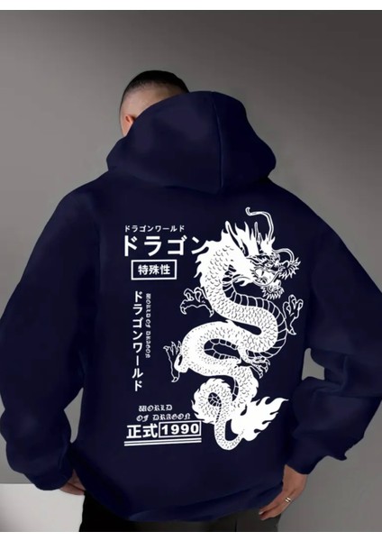 Büyük Beden Özel Tasarım Kapüşonlu Japon Ejderha Sırt Baskılı Oversize Erkek Sweatshırt