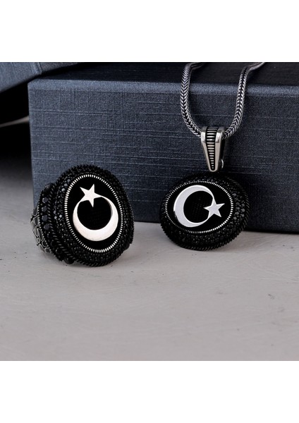 925 Ayar Gümüş Mikro Taşlı Ayyıldız Model Kolye Yüzük Kombini