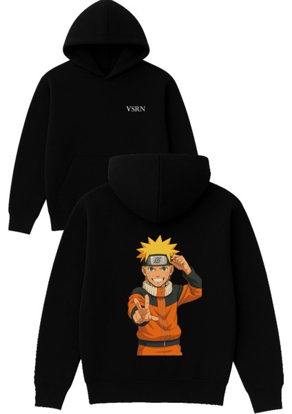 Turuncu Kostümlü Anime Tasarım Baskılı Oversize Siyah Kapüşonlu Sweatshirt