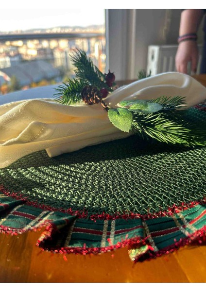 Yeni Yıl, Yılbaşı Konsept, Simli Kurdele Detaylı Yeşil 6 Lı Jüt Supla Amerikan Servis