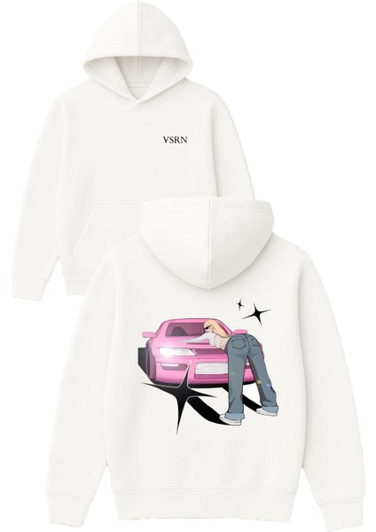 Pembe Araba Tasarım Baskılı Oversize Beyaz Kapüşonlu Sweatshirt