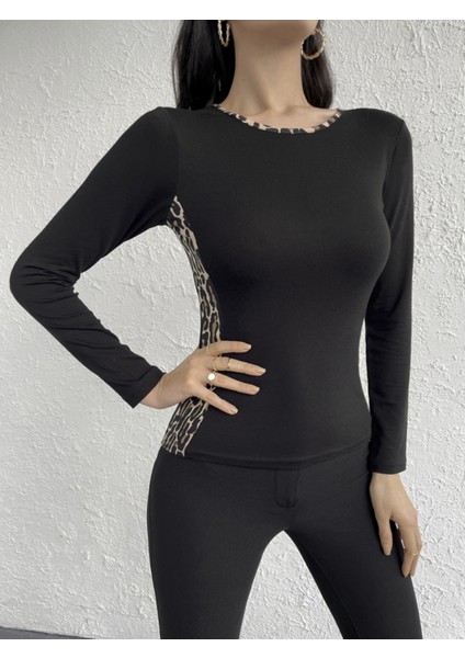 Kadın Uzun Kollu Leopar Şeritli Viskon Bluz indirimleri