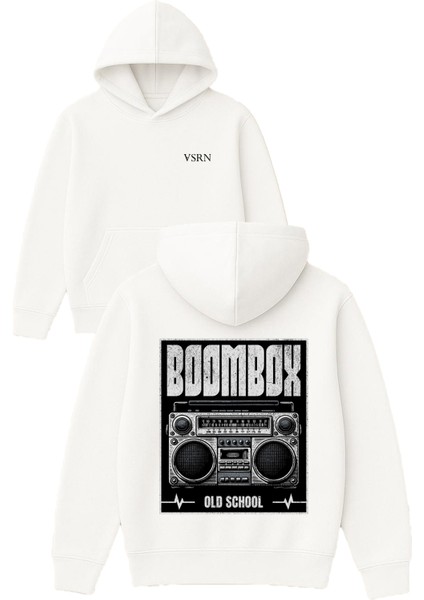 Boombax Radyo Tasarım Baskılı Oversize Beyaz Kapüşonlu Sweatshirt
