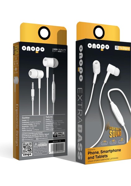& Tablet Uyumlu 3.5mm Kablolu Kulaklık V5 | Yüksek Ses Kalitesi, Mikrofonlu, Kulak Içi, 1.2m Kablo