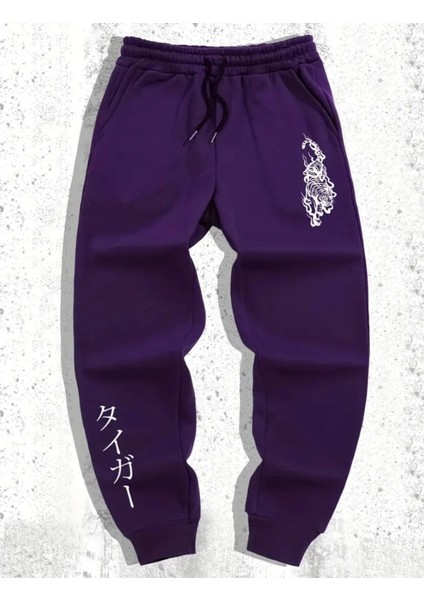 Punıx Büyük Beden Japon Stil Yazı Baskılı Özel Tasarım Kalın Kışlık 3 Iplik Battal Erkek Eşofman Altı