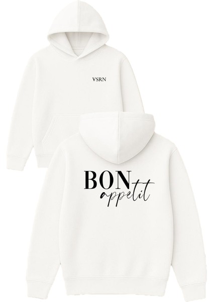 Bon Appetit Tasarım Baskılı Oversize Beyaz Kapüşonlu Sweatshirt