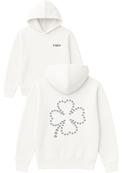 Pırlanta Yonca Tasarım Baskılı Oversize Beyaz Kapüşonlu Sweatshirt