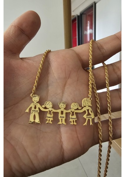 925 Ayar Gümüş 24 Ayar Altın Kaplama Halat Zincirli 5 Kişilik Aile Kolye