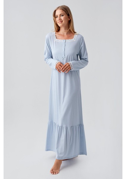 Uzun Kollu Düğmeli Dantelli Esnek Pamuklu Gecelik 18100