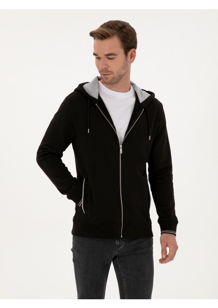 Erkek Siyah Regular Fit Pamuk Karışımlı Tam Fermuarlı Kapüşonlu Sweatshirt 50318867-VR046