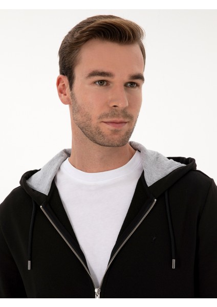 Erkek Siyah Regular Fit Pamuk Karışımlı Tam Fermuarlı Kapüşonlu Sweatshirt 50318867-VR046 fiyatları