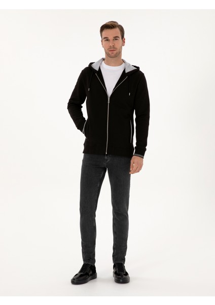 Erkek Siyah Regular Fit Pamuk Karışımlı Tam Fermuarlı Kapüşonlu Sweatshirt 50318867-VR046 fırsatları