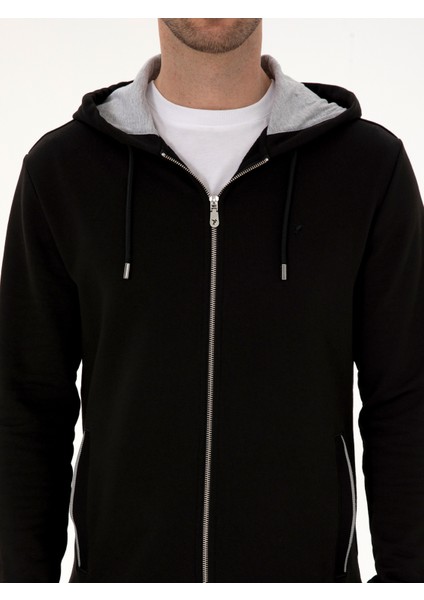 Erkek Siyah Regular Fit Pamuk Karışımlı Tam Fermuarlı Kapüşonlu Sweatshirt 50318867-VR046