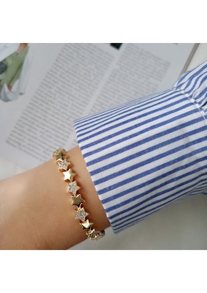 14K Altın Kaplama Zirkon Taşlı Parlak Yıldız Kadın Bileklik