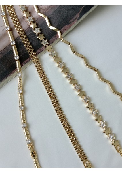 14K Altın Kaplama Zirkon Taşlı Parlak Yıldız Kadın Bileklik modelleri