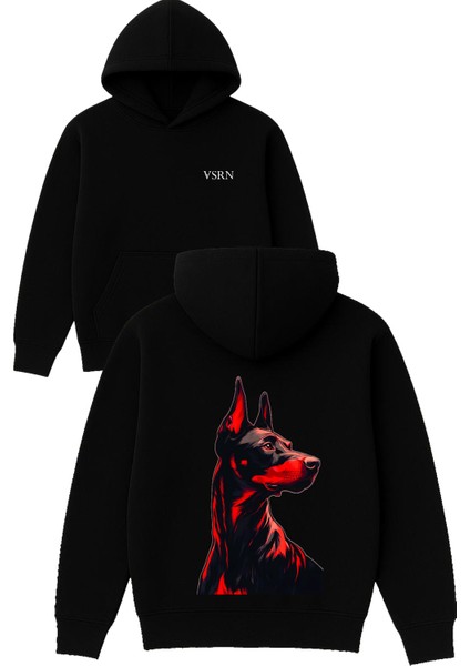 Doberman Tatlı Dog Tasarım Baskılı Oversize Siyah Kapüşonlu Sweatshirt