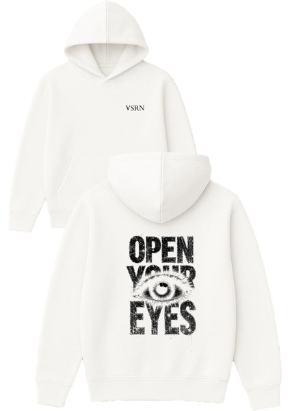Open Your Eyes Tasarım Baskılı Oversize Beyaz Kapüşonlu Sweatshirt