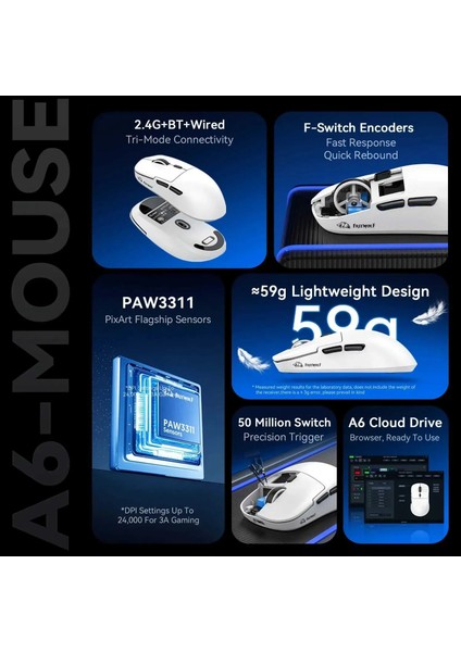 Freewolf A6 Kablosuz Oyuncu Mouse PAW3311 1000 Hz 24000 Dpı Profesyonel Bluetooth Üç Modlu Bağlantı fiyatları