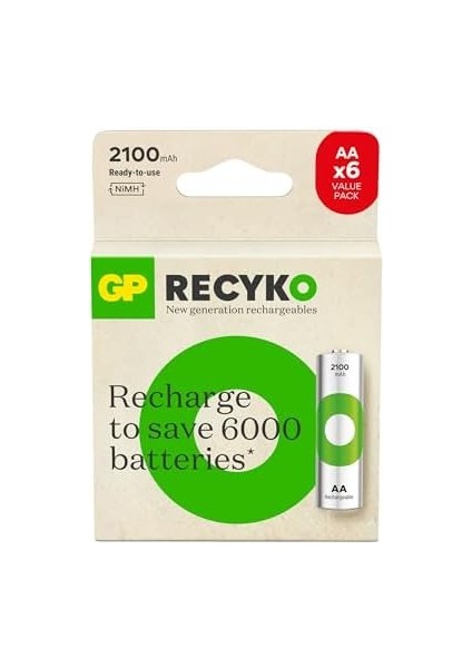 Gp Batteries Recyko 2100 Aa Kalem Ni-Mh Şarjlı Pil, 1.2 Volt, 6'lı Kart fiyatları