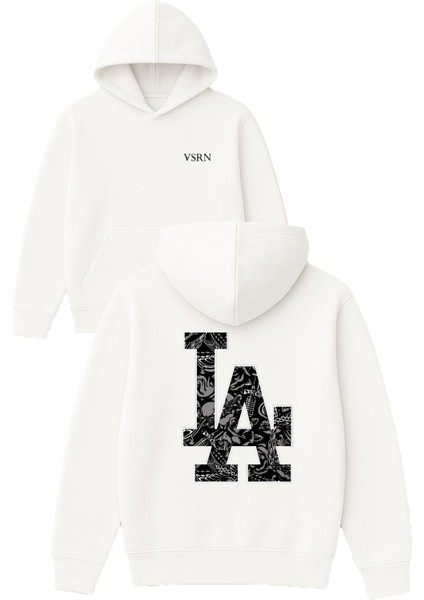 Los Angeles La Tasarım Baskılı Oversize Beyaz Kapüşonlu Sweatshirt