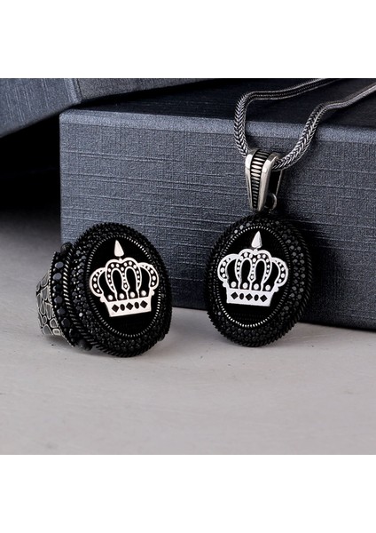 925 Ayar Gümüş Mikro Taşlı Kral Tacı Model Kolye Yüzük Kombini