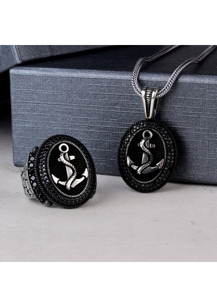 925 Ayar Gümüş Mikro Taşlı Çapa Model Kolye Yüzük Kombini