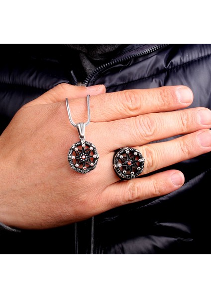 925 Ayar Gümüş Mikro Taşlı Gemi Dümeni Pusula Model Kolye Yüzük Kombini fiyatları