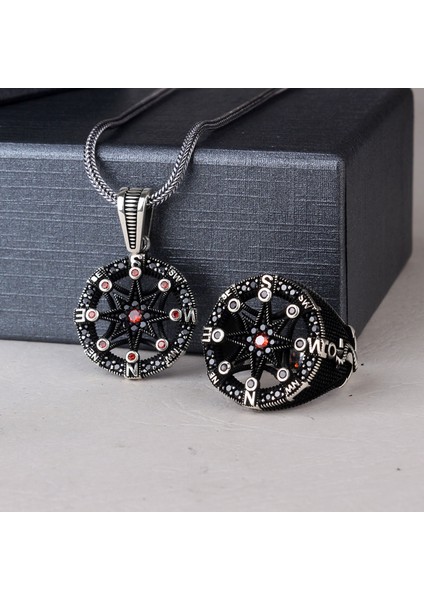 925 Ayar Gümüş Mikro Taşlı Gemi Dümeni Pusula Model Kolye Yüzük Kombini modelleri