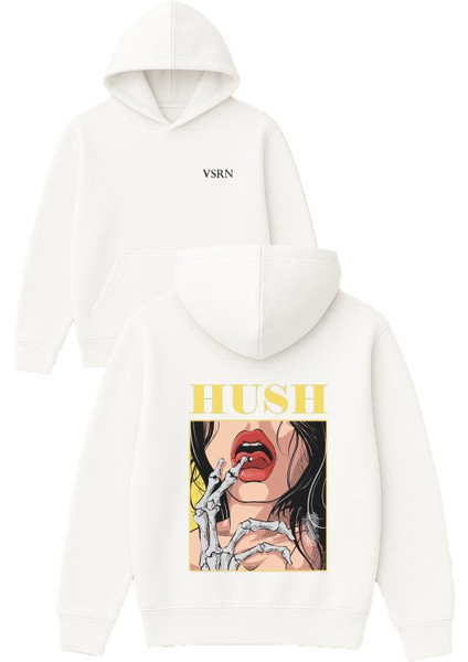 Hush Tasarım Baskılı Oversize Beyaz Kapüşonlu Sweatshirt