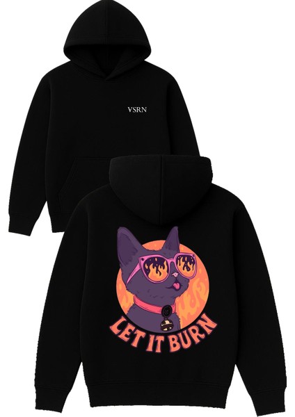 Let It Burn Tasarım Baskılı Oversize Siyah Kapüşonlu Sweatshirt