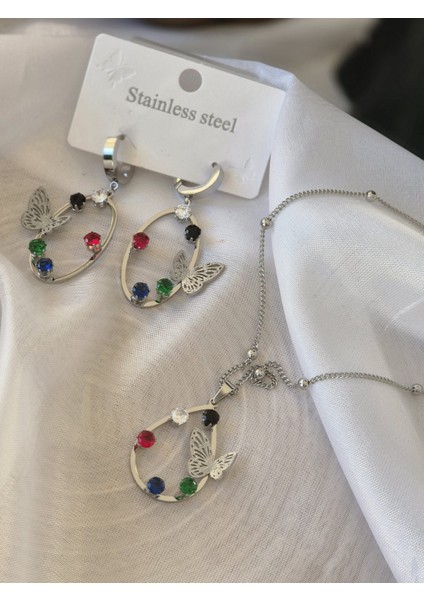 Çelik Kolye Küpe Seti Taşlı Kelebekli Oval Model Gümüş Renk