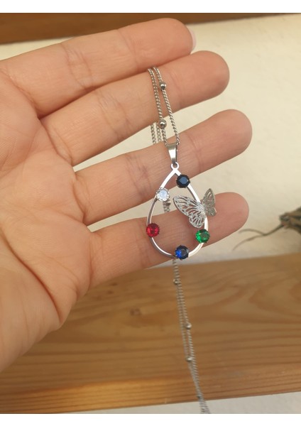 Çelik Kolye Küpe Seti Taşlı Kelebekli Oval Model Gümüş Renk modelleri