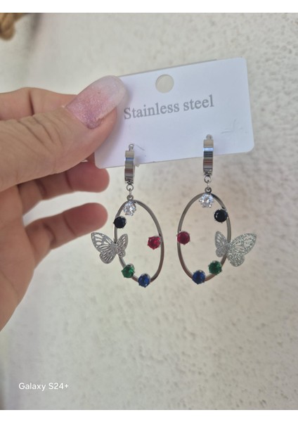 Çelik Kolye Küpe Seti Taşlı Kelebekli Oval Model Gümüş Renk fırsatları