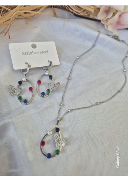 Çelik Kolye Küpe Seti Taşlı Kelebekli Oval Model Gümüş Renk indirimleri