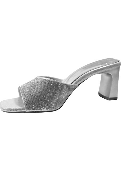 Gümüş & Siyah Taşlı Kalın Topuklu Kadın Abiye Terlik modelleri