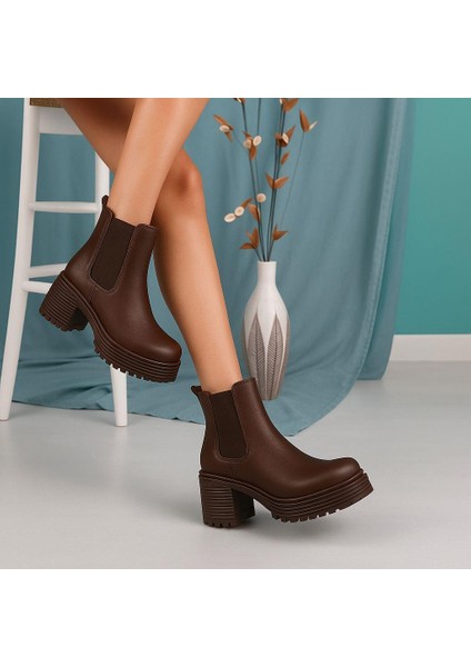 Lastik Detaylı Yüksek Tabanlı Bot- Kahverengi