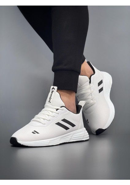 Unisex Bağcıklı Triko Poli Taban Spor Ayakkabı-Beyaz-Siyah