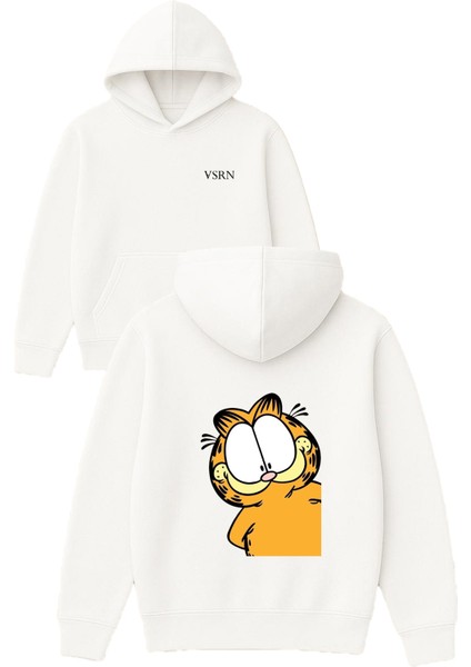 Garfıeld Tasarım Baskılı Oversize Beyaz Kapüşonlu Sweatshirt