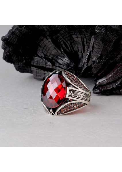 Kırmızı Zirkon Taşlı Model 925 Ayar Gümüş Erkek Yüzük